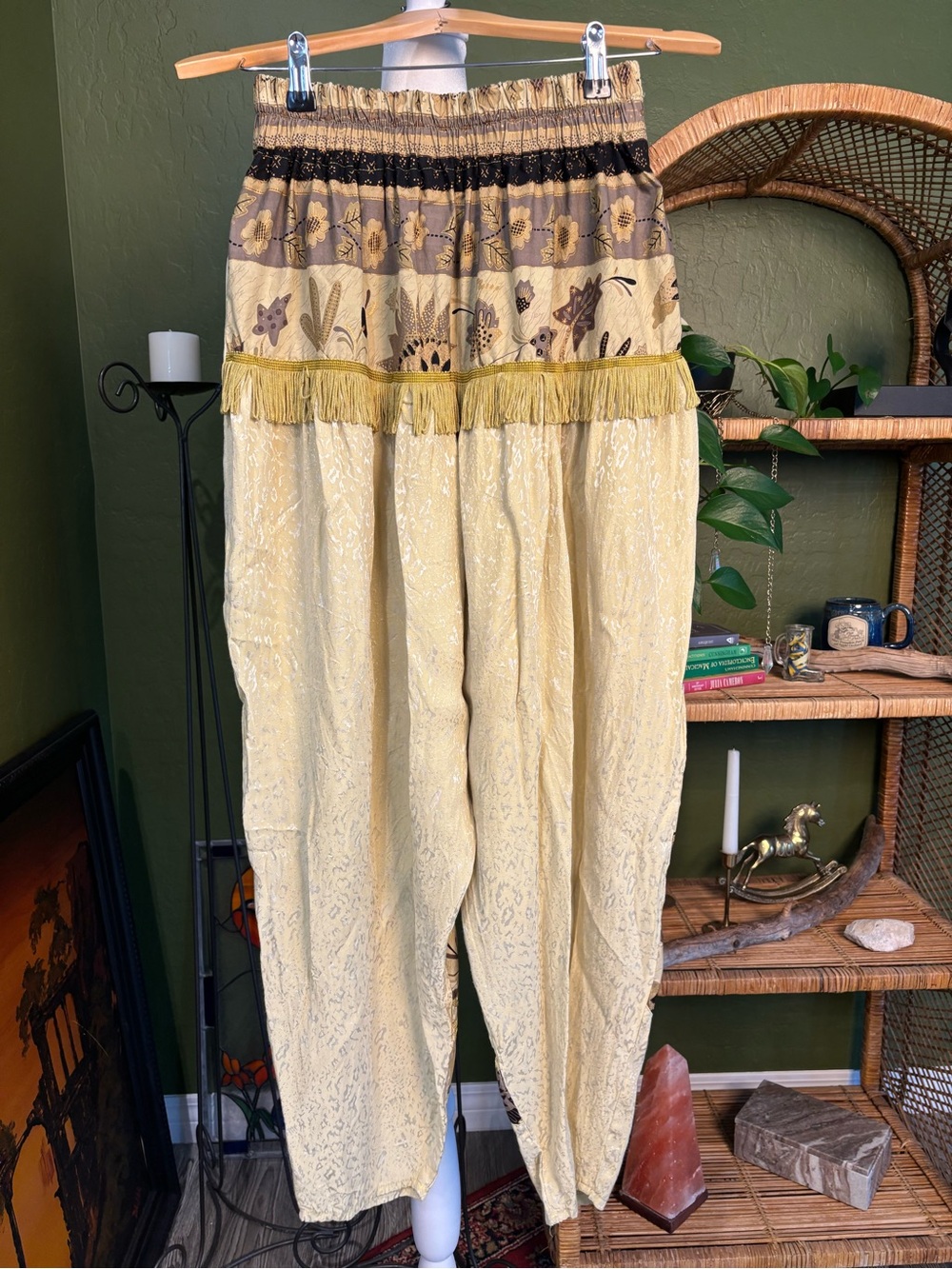 Boho Ren Faire Tassel Trim Green Yellow Floral Patchwork Loose Harem Pants - Picture 2 of 4